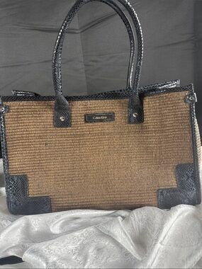 Calvin Klein Brown Straw Tote with Black Trim and Handles